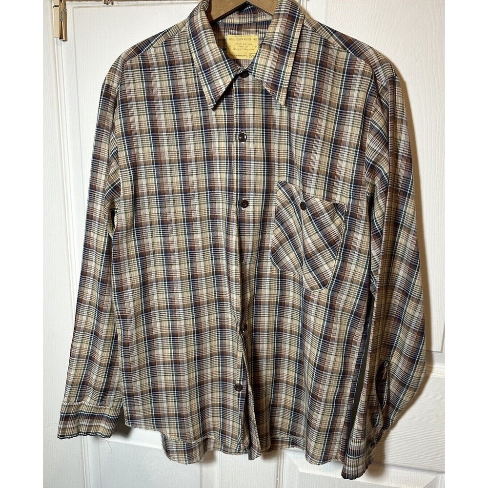 Vtg Sears Perma Prest Shirt Mens M 15-15.5 Brown Plaid 70s Work Shirt USA